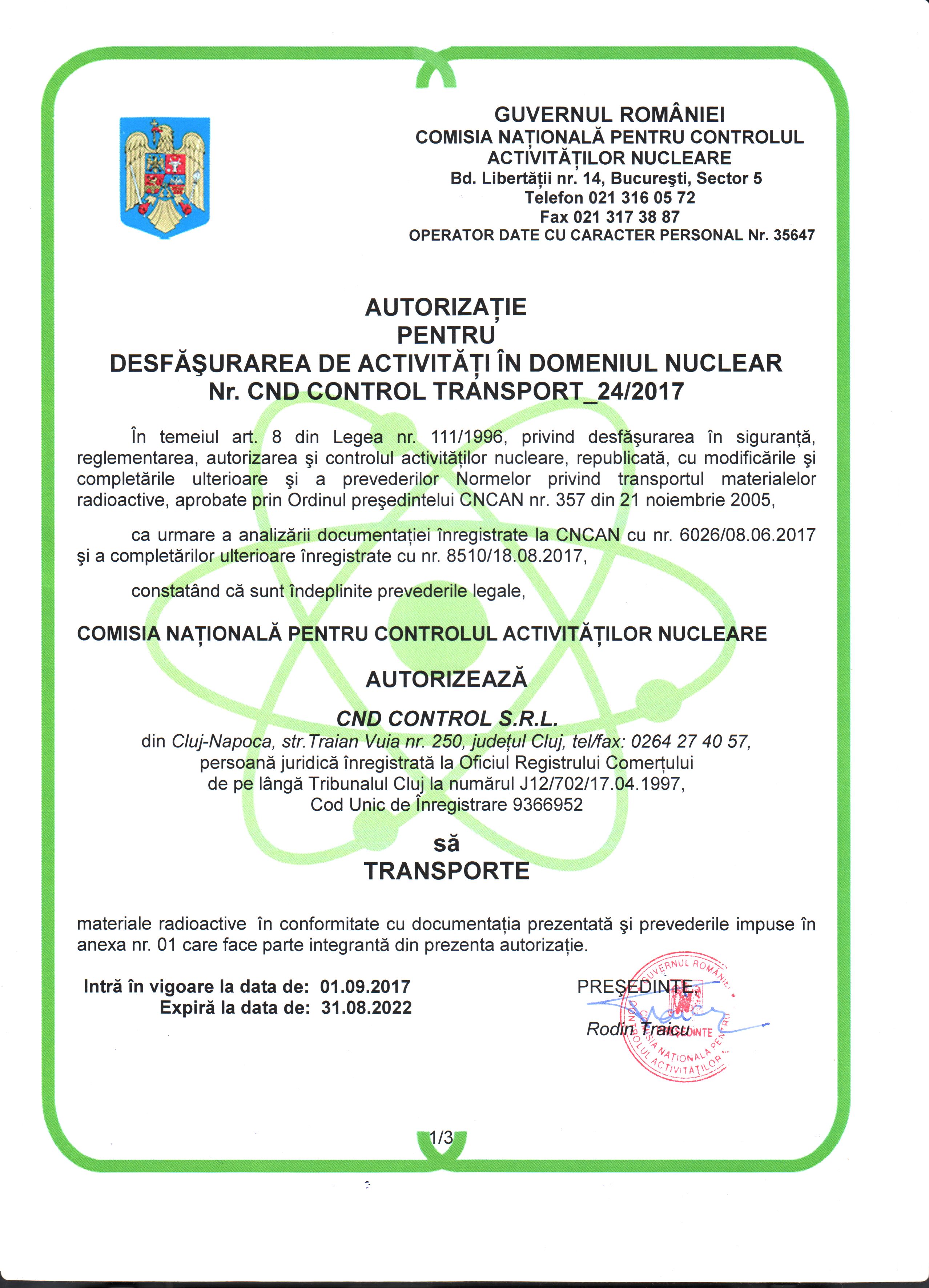 Autorizatie CNCAN pt transport surse de radiatii si instalatii radiologice Autorizatie CNCAN pt transport surse de radiatii si instalatii radiologice
